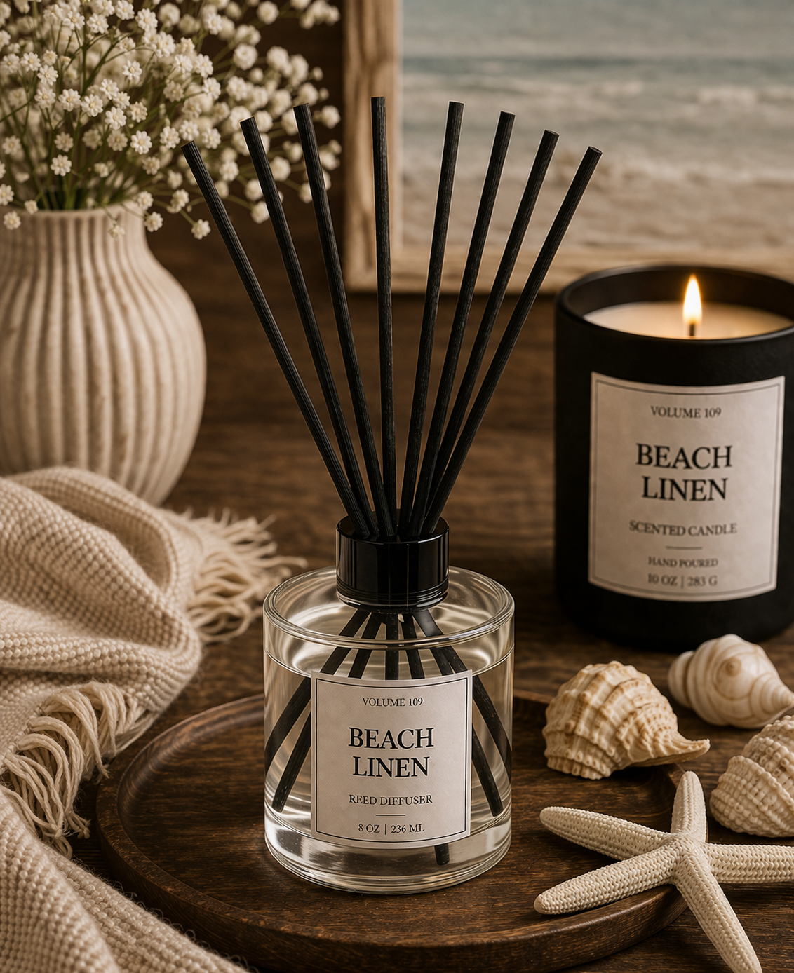 Fragrance Bar Exclusives - Beach Linen Scented Candles & Reed Diffuser